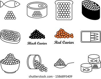 Red and black caviar flat line icons set. Canned fish eggs, tobiko roe, appetizer vector illustrations. Outline signs for seafood store. 