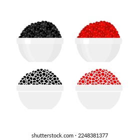 Red and black caviar in plate set. Fish delicacy. Vector illustration