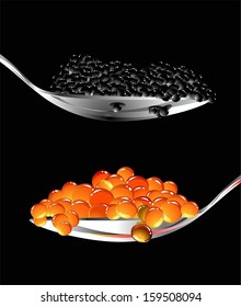 red and black caviar in spoon