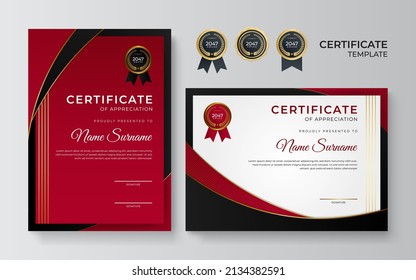 Red and black Certificate of achievement border template with luxury badge and modern line pattern. For award, business, and education needs