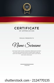 Red and black Certificate of achievement template set with gold badge and border. Modern award diploma design background. Vector Illustration