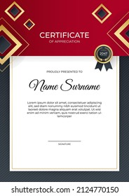 Red and black Certificate of achievement template set with gold badge and border. Modern award diploma design background. Vector Illustration
