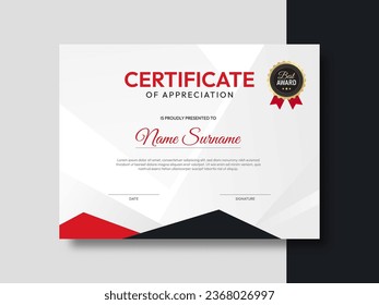 Red and black Certificate of Achievement template with gold badge. Awards diploma