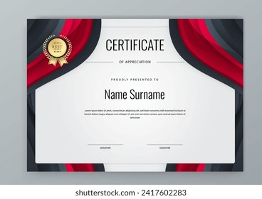 Red and black certificate of appreciation border template with luxury badge and modern line and shapes