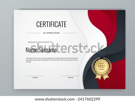 Red and black certificate of corporate template. Clean modern certificate with gold badge. Certificate border template with luxury and modern line pattern