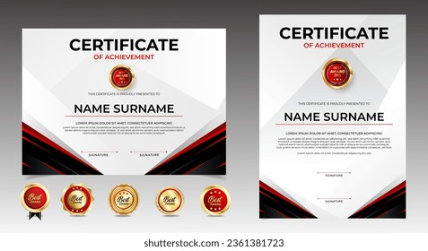 Red and Black Certificate template set with luxury badges. vector EPS 10