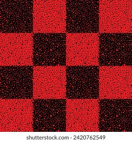 Red and black checkered design with grunge dotted texture. Abstract geometric seamless pattern