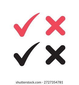 Marcas de verificación y cruces rojas y negras aisladas sobre fondo blanco Aprobación de diseño audaz y símbolos de rechazo Ilustración gráfica minimalista para conceptos de toma de decisiones