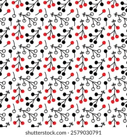 Red and black cherry pattern on a white background for playful design projects