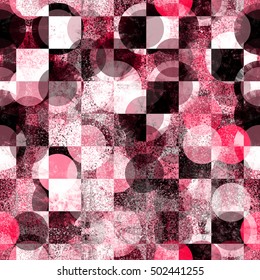 Red and black chess pattern over seamless background. Abstract texture. Checkered design. Circles and triangles.