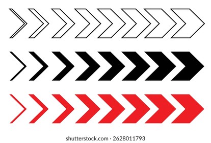Red and black chevron arrows vector pattern set on isolated white background, outline and fill arrows