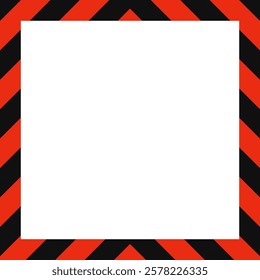 Red, black chevron warning stripes frame. An upward pointing v-shape stripe patterned border background.