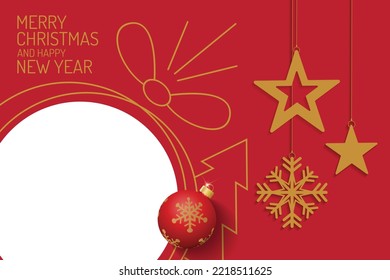 Red and Black Christmas Background with Border made of Cutout Gold Foil Stars and Silver Snowflakes. Merry Christmas Modern Greeting Card Vector design