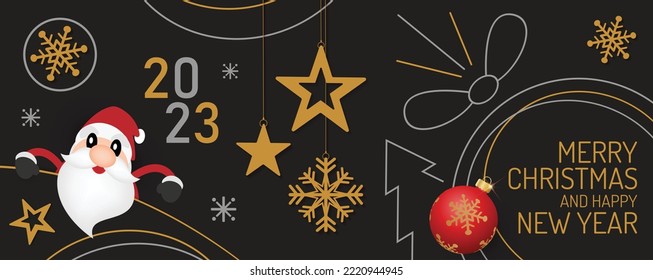 Red and Black Christmas Background with Border made of Cutout Gold Foil Stars and Silver Snowflakes. Merry Christmas Modern Greeting Card Vector design