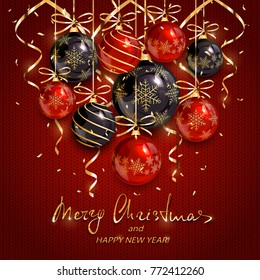 Red and black Christmas balls and golden streamers on knitted background. Holiday lettering Merry Christmas and Happy New Year, illustration.