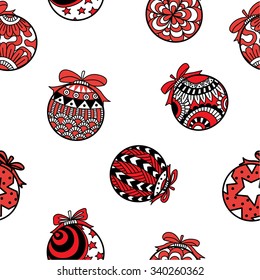 Red and black Christmas balls seamless pattern on white background.