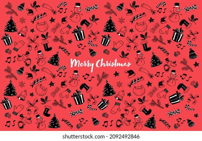 Red and black christmas doodle greetings card pattern