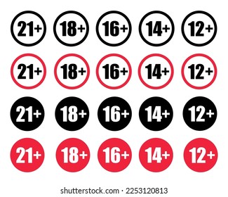 Círculo rojo y negro con números - 12+, 14+, 16+, 18+, 21+. Ilustración vectorial de edad restringida.