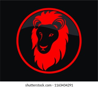 red and black color lion head silhouette in shield logo design illustration with line art style for premium sport team