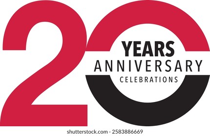 red and black color number 20 with word years anniversary celebrations black color.