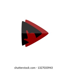 Red and black colored play arrow button with hand cursor symbol