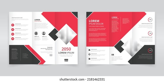 Red and black colored simple and modern trifold brochure template, trifold flyer layout, pamphlet, leaflet