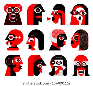 Red and black colors isolated on a white background Twelve Portraits of Different People vector illustration. Set of flat design vector avatars. 