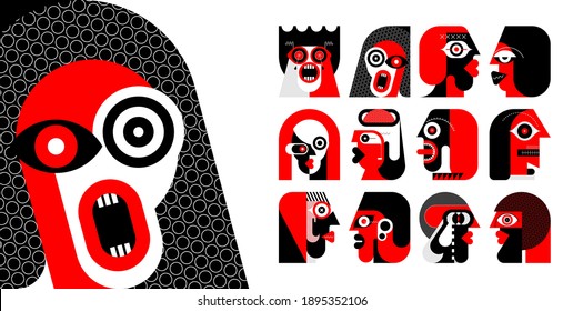 Red and black colors isolated on a white background Twelve Portraits of Different People vector illustration. Set of flat design vector avatars.