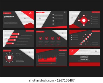 Red and black combination business presentation template layout with infographic elements and space for your image.