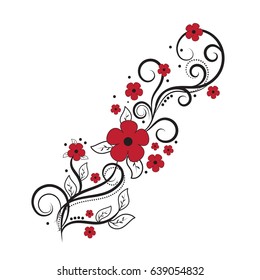 Red and black composition with flowers and leaves