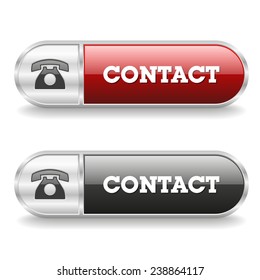 Red and black contact button with metal border on white background