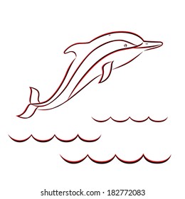 Red and black contour of a dolphin in the sea waves. Hand drawing vector illustration