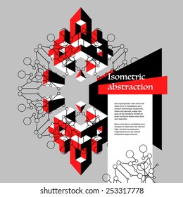 Red and black contrast isometric abstraction in flat style with text on grey background. Vector illustration for graphic design. Design for poster, flyers, banner or game menu.