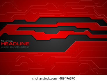 Red and black contrast tech corporate background. Vector corporate illustration with tech circuit board lines elements