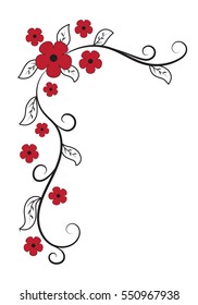 Red and black corner composition with flowers and leaves
