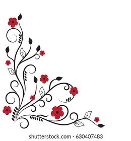 Red and black corner composition with flowers and leaves.