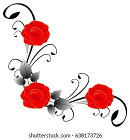 Red and black corner composition with roses.