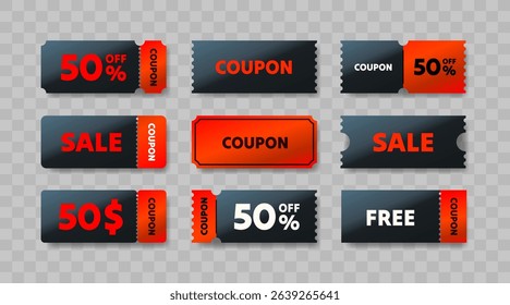 Red and black coupons of different shapes, set of coupons on transparent background.Vector illustration