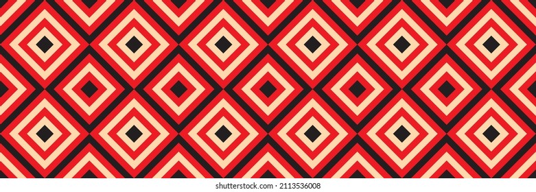 Red, black, and cream abstract line geometric diagonal square seamless pattern banner background. Vector illustration.