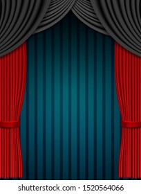 Red and black curtain on blue vintage background. Design for presentation, concert, show. Vector illustration