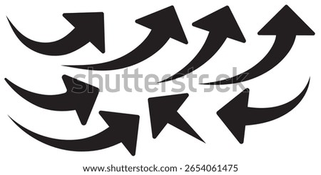 Red ,black Curved arrow set. Curved Arrows sign. Set of curved arrows isolated on white background. arrow twisted in various directions. Collection of pointers. Vector illustration 