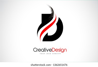 Red and Black D Letter Design Brush Paint Stroke. Letter Logo with Black Paintbrush Stroke.