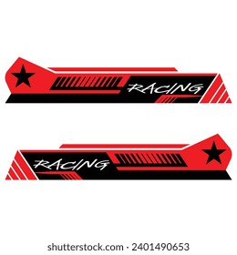 Red, black decals and "Racing" text. Can be used to decorate the sides of cars, racing cars, and sports cars.