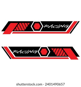 Red, black decals and "Racing" text. Can be used to decorate the sides of cars, racing cars, and sports cars.