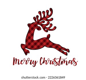 Red black deer silhouette vector drawing with Buffalo Gingham Lumberjack tartan Checkered plaid pattern background texture.Merry Christmas lettering.Gift card with reindeer.Winter decor.Print.DIY cut.