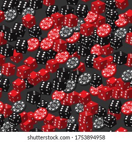 Red Black Dice and Poker Chips Seamless Pattern, 3D Illustration