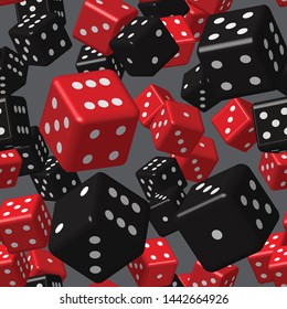 Red Black Dice Seamless Pattern, 3D Illustration on Gray Background