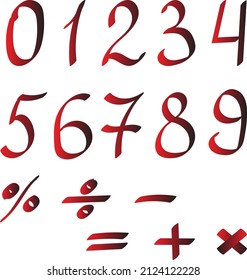 Dígitos rojos y negros y signos matemáticos dibujados a mano