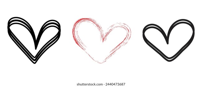 Red and black doodle hearts set vector illustration isolated on white background.
