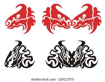 Red and black dragon head. Dragons heads butterflies